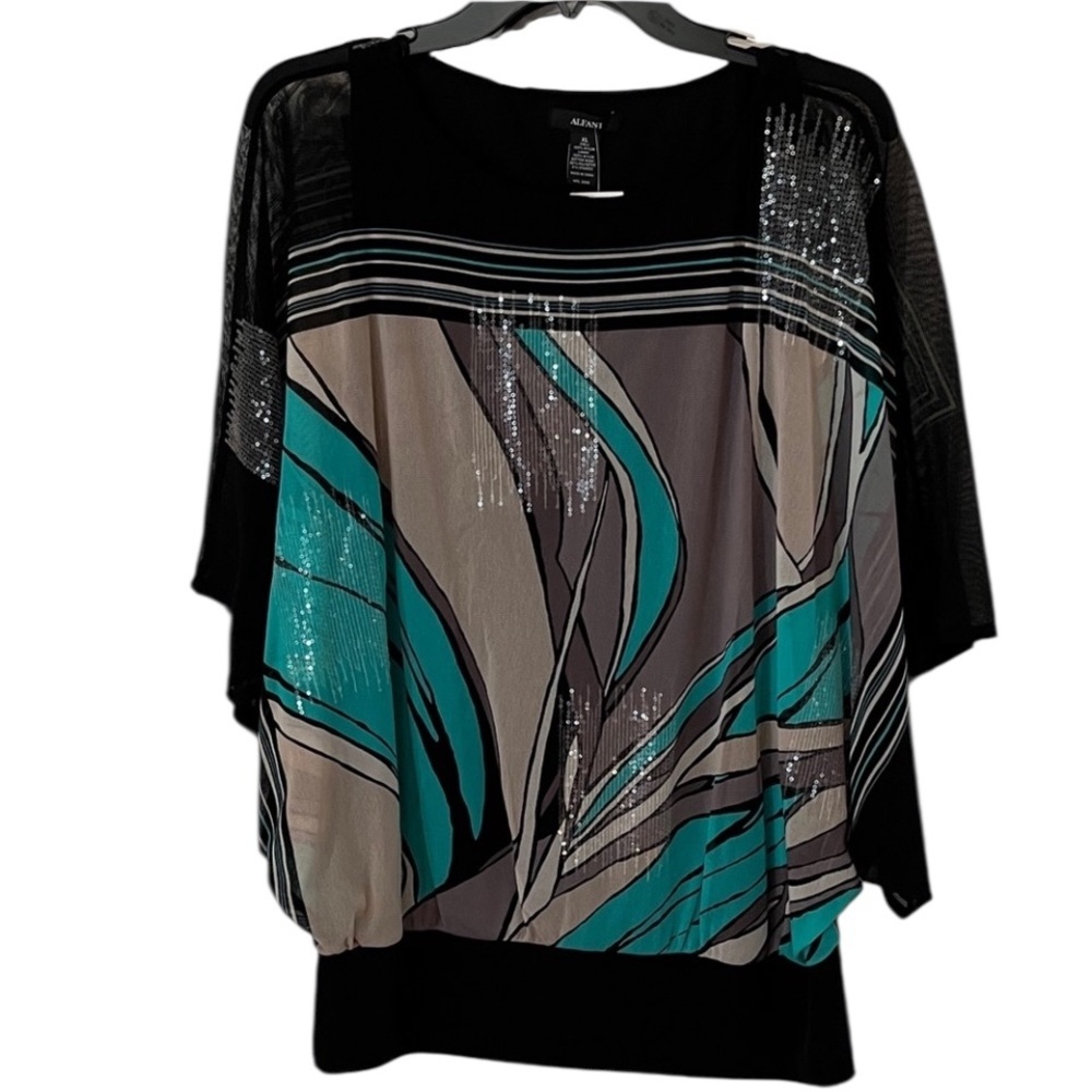 Alfani size X-Large black & green print semi sheer top sequin detail NWT